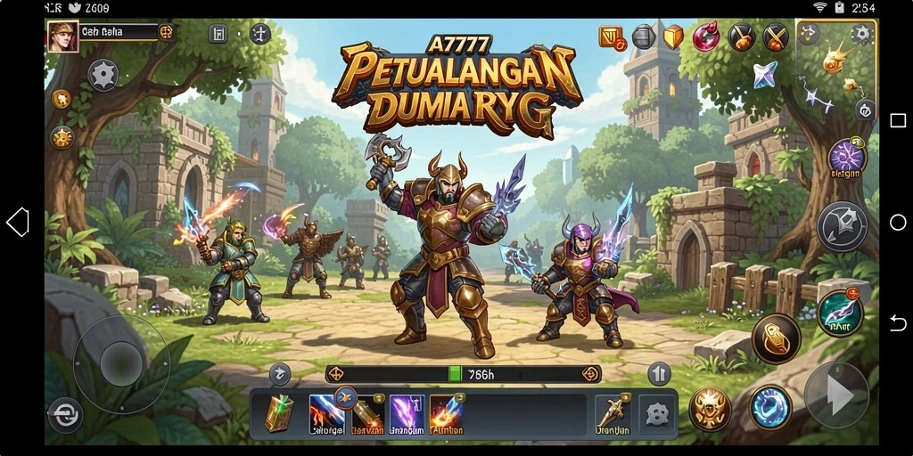 Screenshot A7777 menampilkan pertarungan epik dalam dunia RPG.