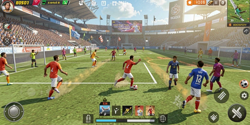 Screenshot utama BOS01 menampilkan aksi seru dalam pertandingan olahraga.