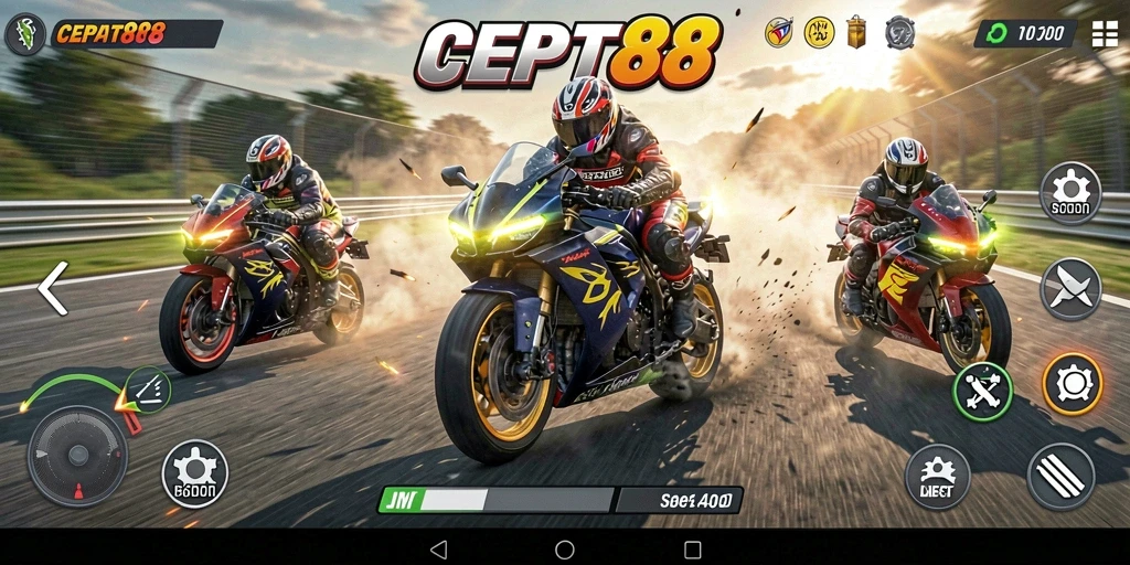 Tampilan gameplay seru di balapan motor penuh aksi.