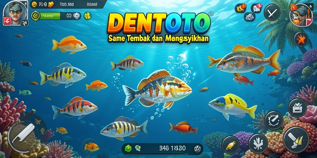 Screenshot gameplay DENTOTO menampilkan momen menembak ikan yang seru.