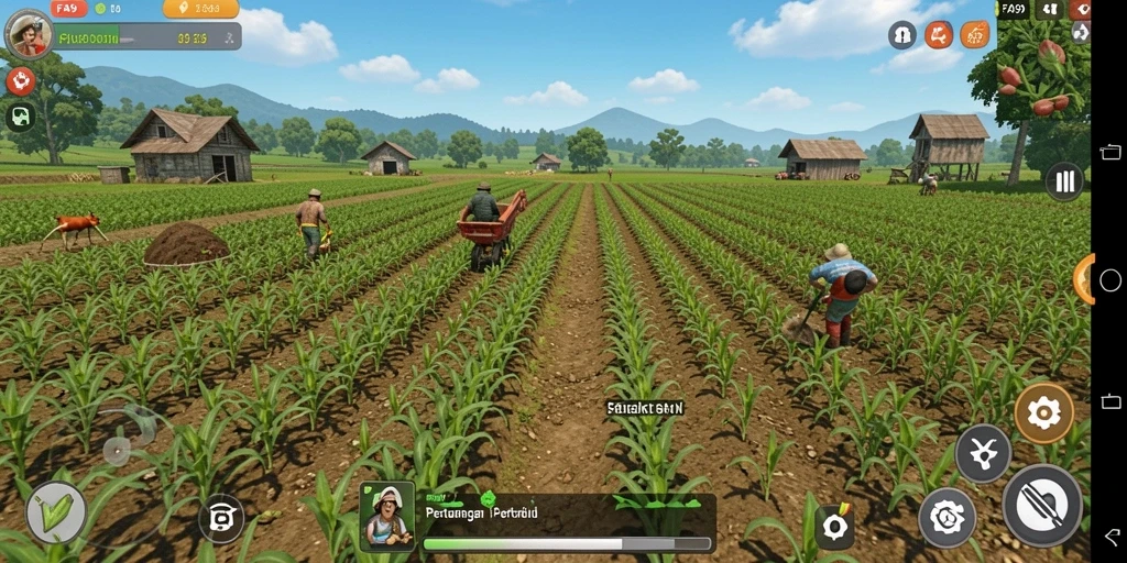 Tampilan gameplay FA99 yang menampilkan aktivitas bertani dan merawat tanaman.