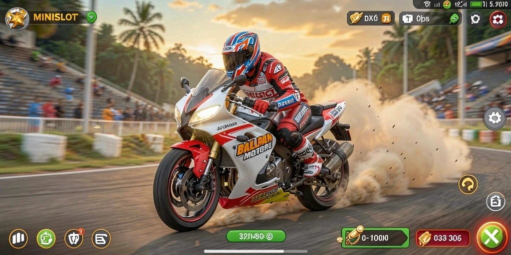Tampilan gameplay seru di MINISLOT dengan balapan motor yang mendebarkan.