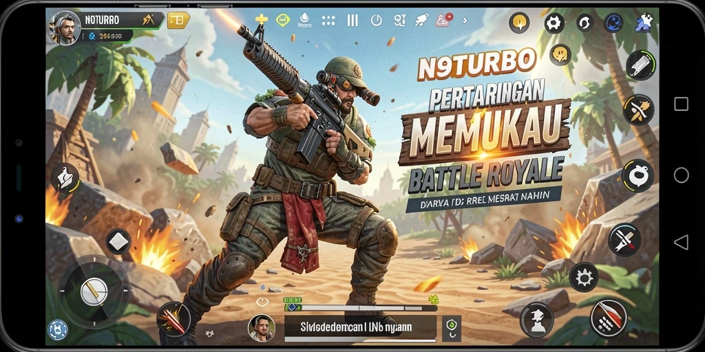 Screenshot N9TURBO menampilkan pertarungan seru dalam game Battle Royale.