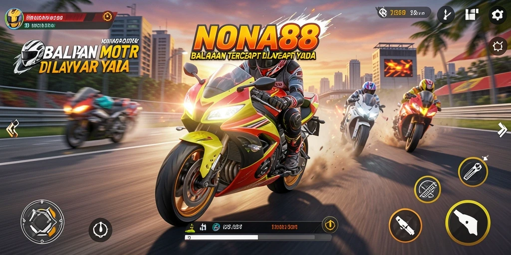 Tampilan gameplay NONA88 menampilkan balapan motor yang mendebarkan.