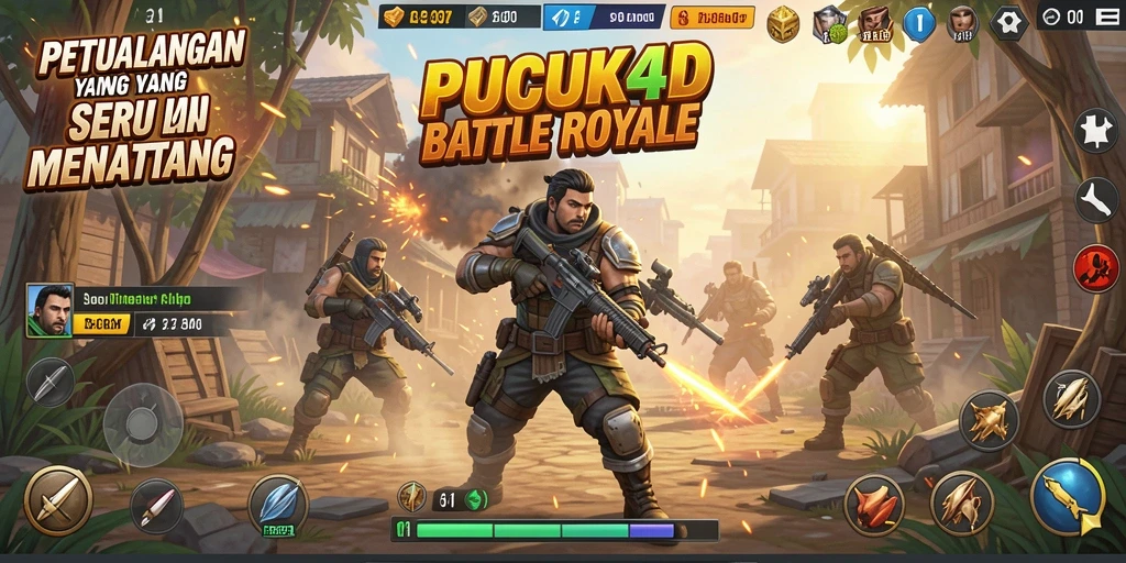 Tampilan antar muka <strong>PUCUK4D</strong> dengan aksi pertempuran intens di arena Battle Royale.