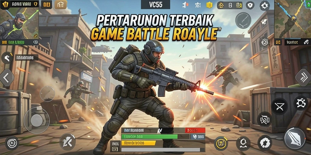 Screenshot utama VC55 menampilkan aksi seru dalam permainan Battle Royale.