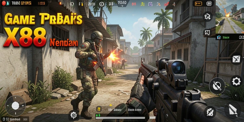 Screenshot gameplay X88 yang menampilkan aksi tembak-menembak yang seru.